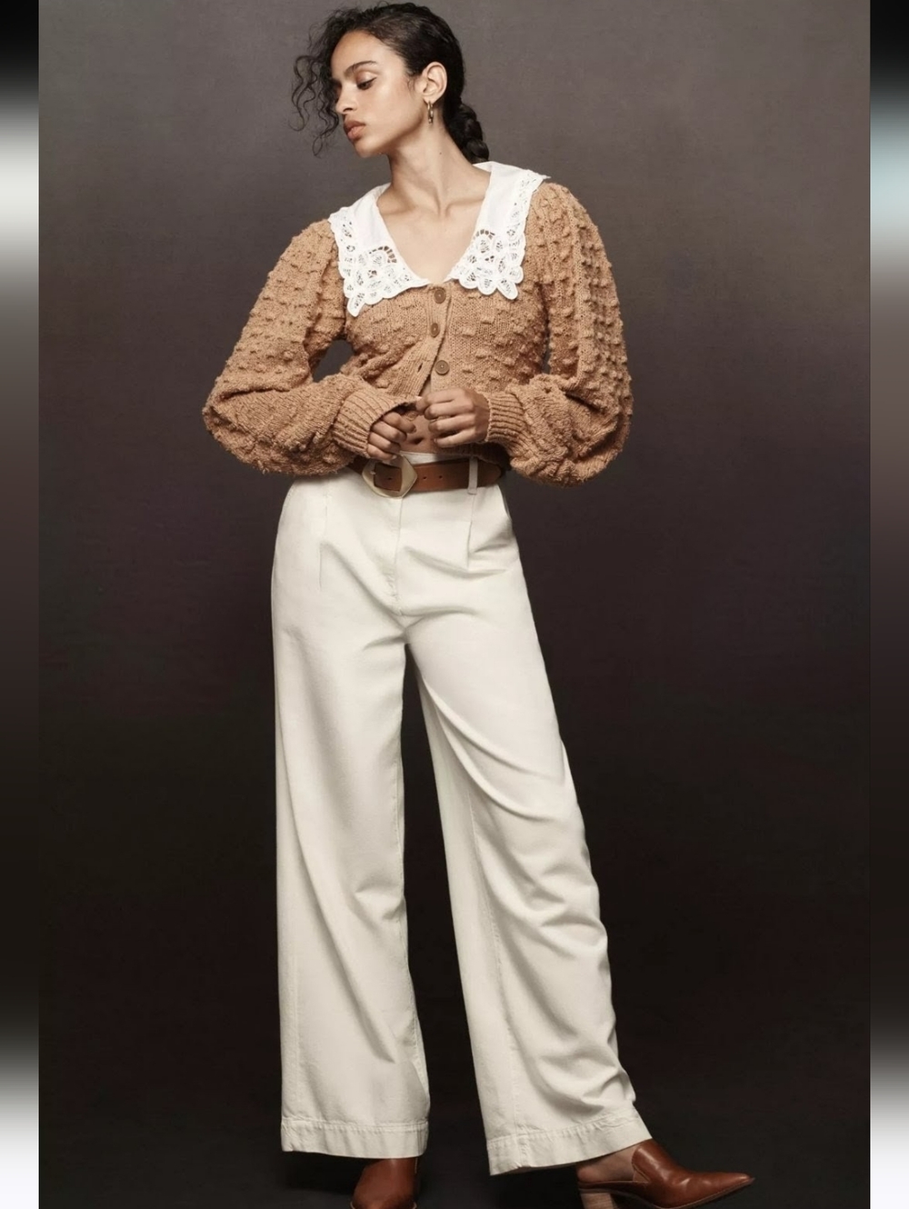 ANTHROPOLOGIE Bobble Knit Lace Collar Cropped Cotton Cardigan Mocha Brown M EUC - Picture 4 of 12